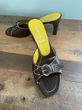 Vintage Y2K Prada Brown Leather Buckle Mule Heels | EU 36 / US 6